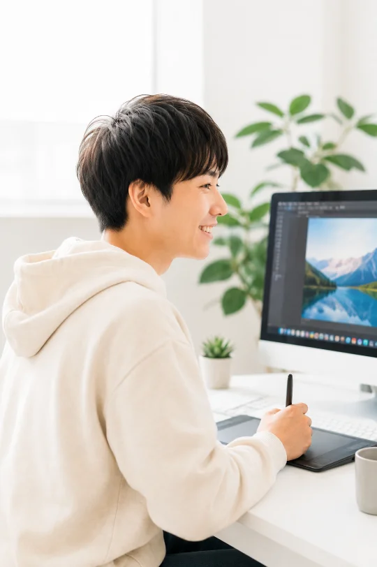 メインビジュアル：PCで制作に取り組む利用者の写真